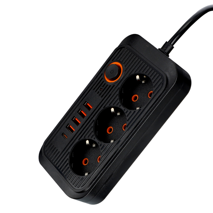 Prelungitor negru cu lungime cablu 2 metri, 3 prize 230v si 4 porturi USB tip A si un port usb tip C, comutator, ledia.ro