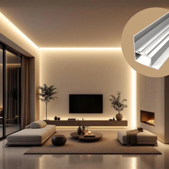 Detaliu montaj profil LED, 2 metri, în tavan alb, lumina liniara uniforma