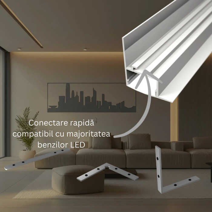 Lumină indirectă cu profil LED alb, integrat în rigips
