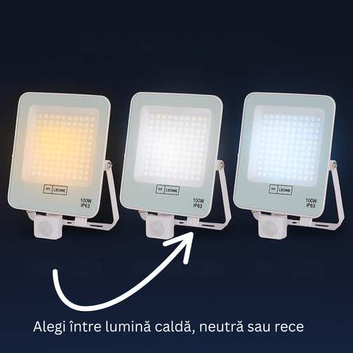 Proiector LED 100w cu senzor PIR, lumina CCT, de la alb cald, la alb neutru si alb rece
