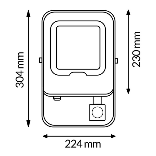 Proiector LED cu senzor PIR dimensiuni in mm, 224x304x230mm