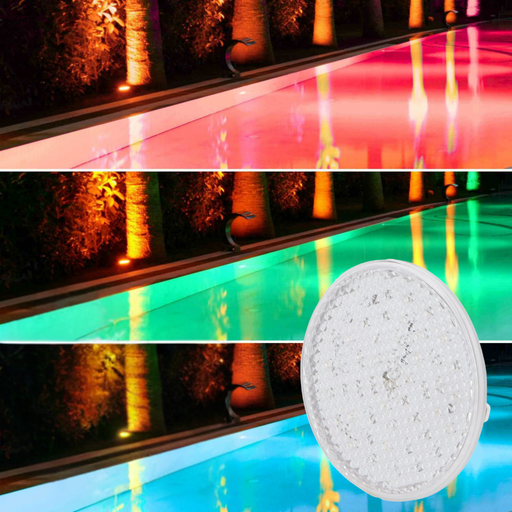 Spot LED submersibil PAR56 RGB 25W, montat în peretele piscinei cu lumină colorată.
