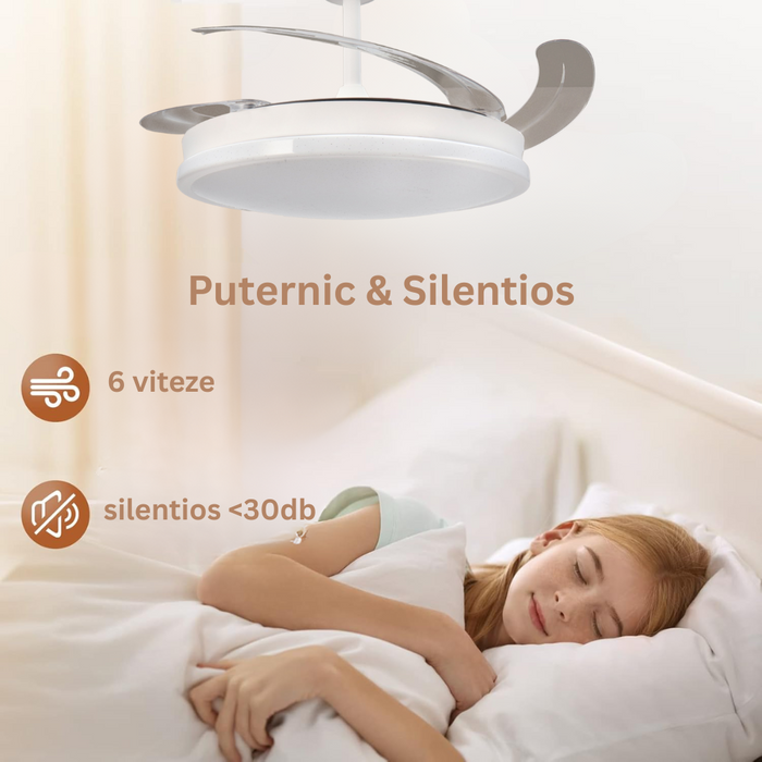 ventilator cu telecomanda si lustra led, ventilator tavan cu lustra led, lustra led CCT cu ventilator tavan, ventilator cu lamele retractabile, ventilator tavan silentios, ledia.ro