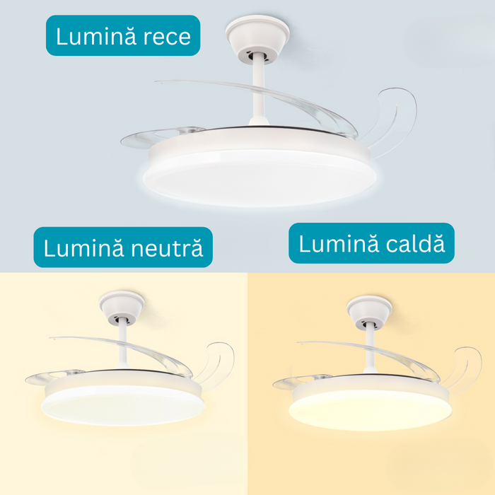 ventilator cu telecomanda si lustra led, ventilator tavan cu lustra led, lustra led CCT cu ventilator tavan, ventilator cu lamele retractabile, ventilator tavan silentios, ledia.ro