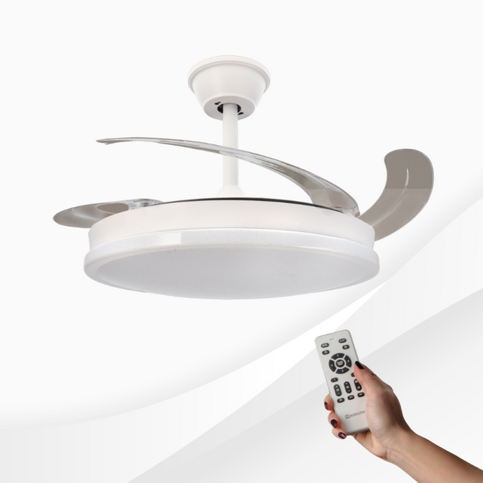 ventilator cu telecomanda si lustra led, ventilator tavan cu lustra led, lustra led CCT cu ventilator tavan, ventilator cu lamele retractabile, ventilator tavan silentios, ledia.ro