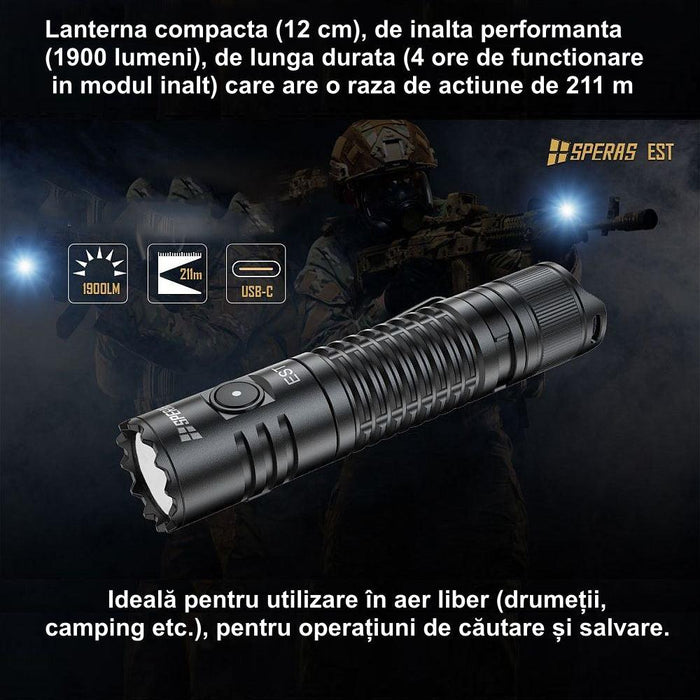Lanterna tactica reincarcabila SPERAS EST 1900lm 211m USB-C-ledia.ro
