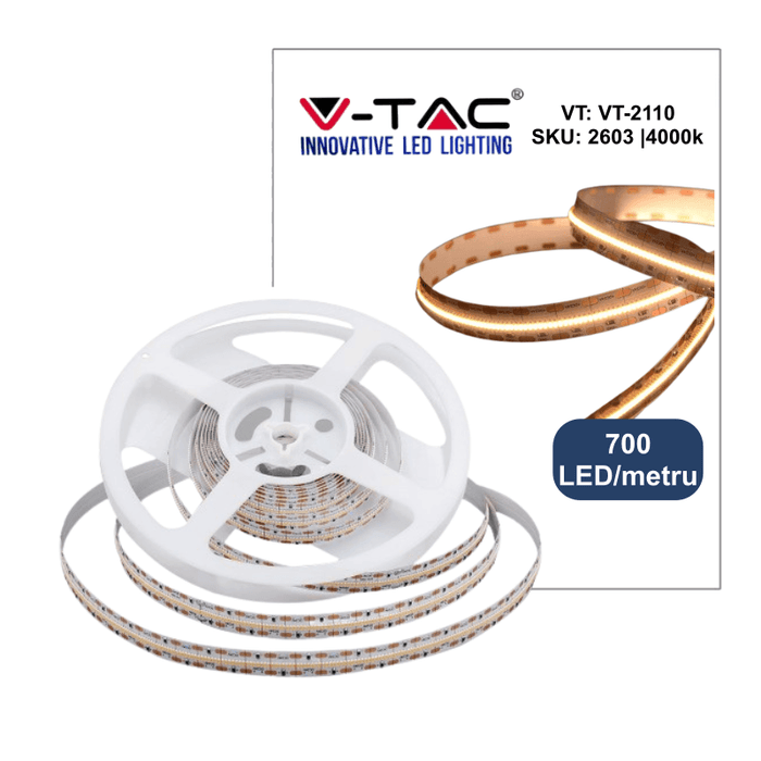 Banda LED V-TAC VT-2110, 24V 700LED/m IP20, CRI>90, Seria Culori Reale