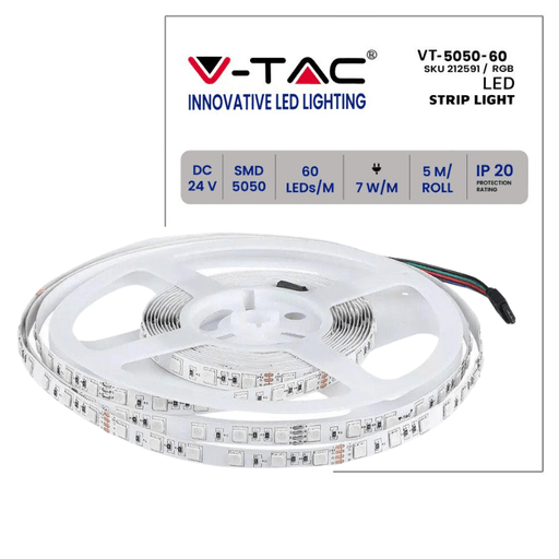 Banda LED RGB V-TAC VT-5050, 24V 60 LED/m IP20, 5 metri - ledia.ro
