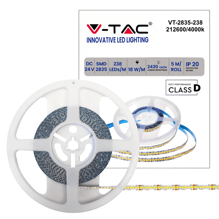 Banda LED V-TAC SMD 2835, 18W/m 238 LED/m 135lm/w 24V, IP20 - ledia.ro
