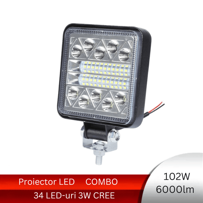 proiector auto patrat, proiector led auto 102w, proiectoare auto, proiector auto masini teren, proiector offroad 12v-24v, proiectoare led camion, proiectoare suv, proiector auto 6000lm, ledia.ro
