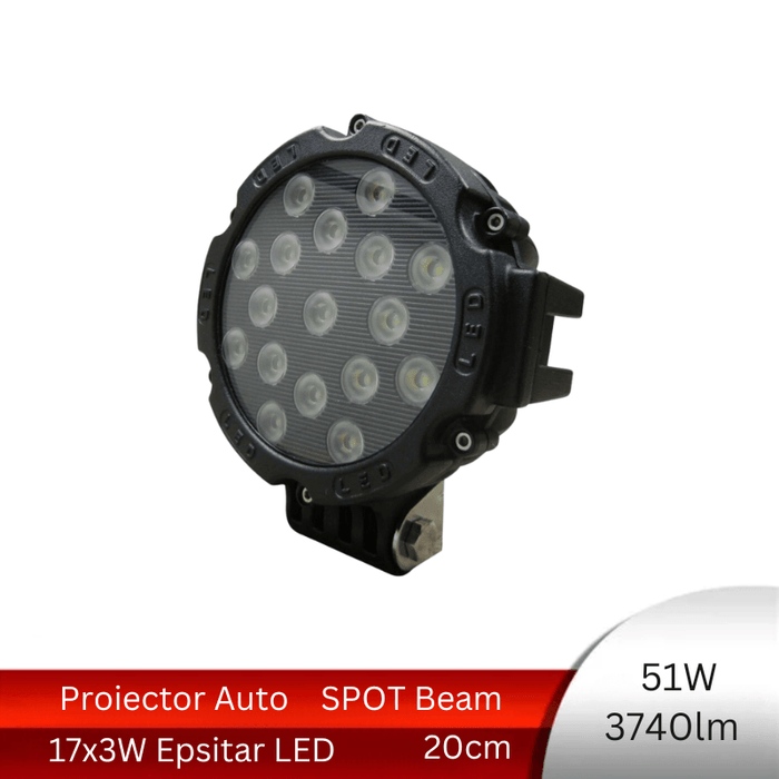 proiector auto rotund, proiector led auto 51w, proiectoare auto, proiectoare off road, proiector auto offroad 20cm, proiector offroad 12v-24v, proiectoare led camion, proiectoare suv, proiector 12v-24v auto, ledia.ro