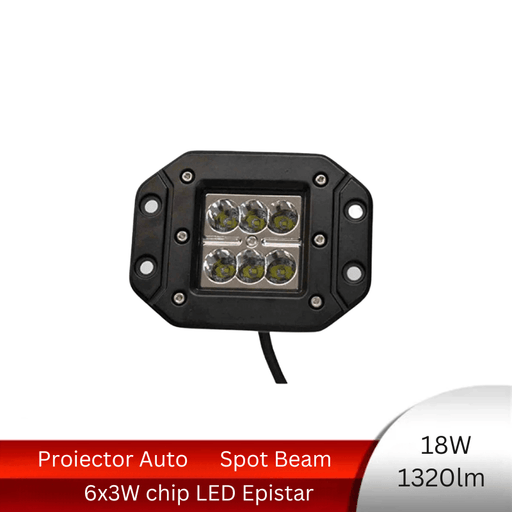 proiector auto dreptunghiular spot beam, proiector led auto 18w, proiectoare auto incastrabile, proiectoare off road, proiector offroad 12v-24v, proiectoare led camion, proiectoare suv, proiector 12v-24v auto, ledia.ro