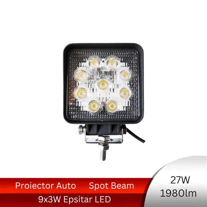 Proiector LED Auto Offroad Patrat, 27W/12V-24V, Spot Beam 30° - ledia.roProiectoare patrate