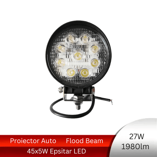 proiector auto rotund, proiector led auto 27w, proiectoare auto flood beam, proiectoare off road, proiector offroad 12v-24v, proiectoare led camion, proiectoare suv, proiector auto 1980lm, ledia.ro