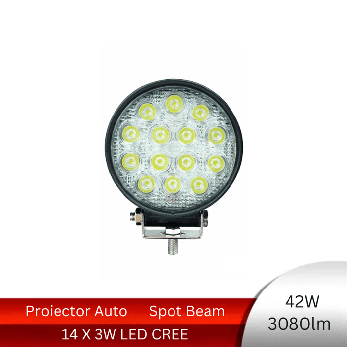 Proiector LED Auto Offroad Rotund, 42W/12-24V, 3080lm, Spot Beam - ledia.roProiectoare rotunde