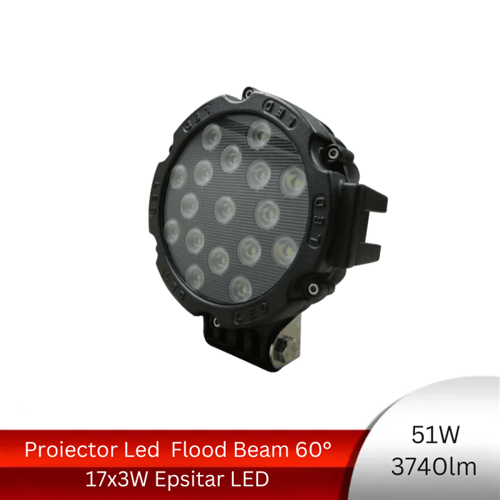 Proiector Led Auto Rotund 51W/3740lm, Flood Beam 60° - ledia.roProiectoare rotunde
