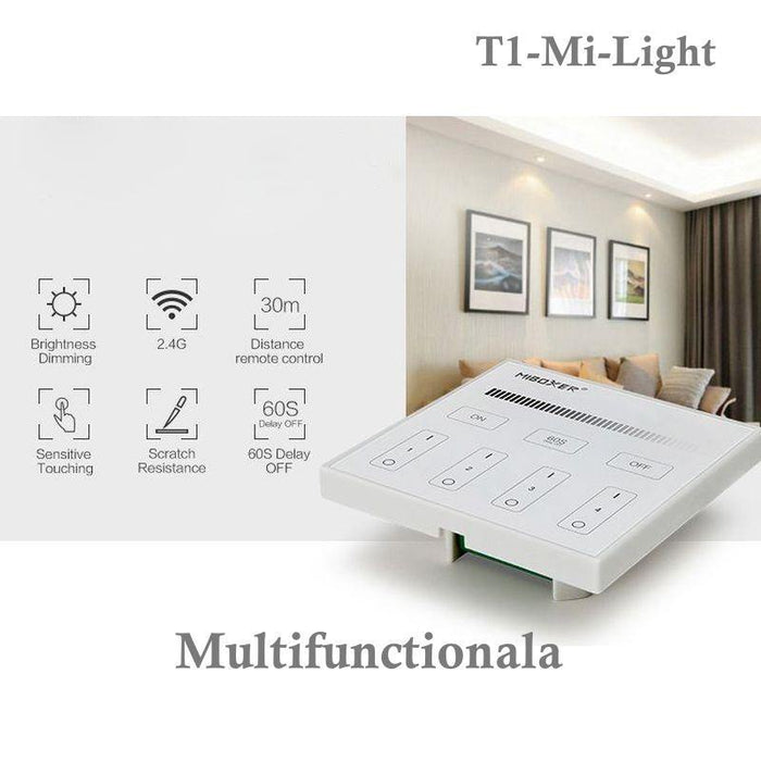 Telecomanda Panou inteligent T1, incastrabila, 4 Zone, Monocolor, control luminozitate, Mi-Light - ledia.ro
