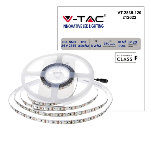 Banda LED V-TAC SMD 2835, 8W/m 120 LED/m 24V, IP20-ledia.ro